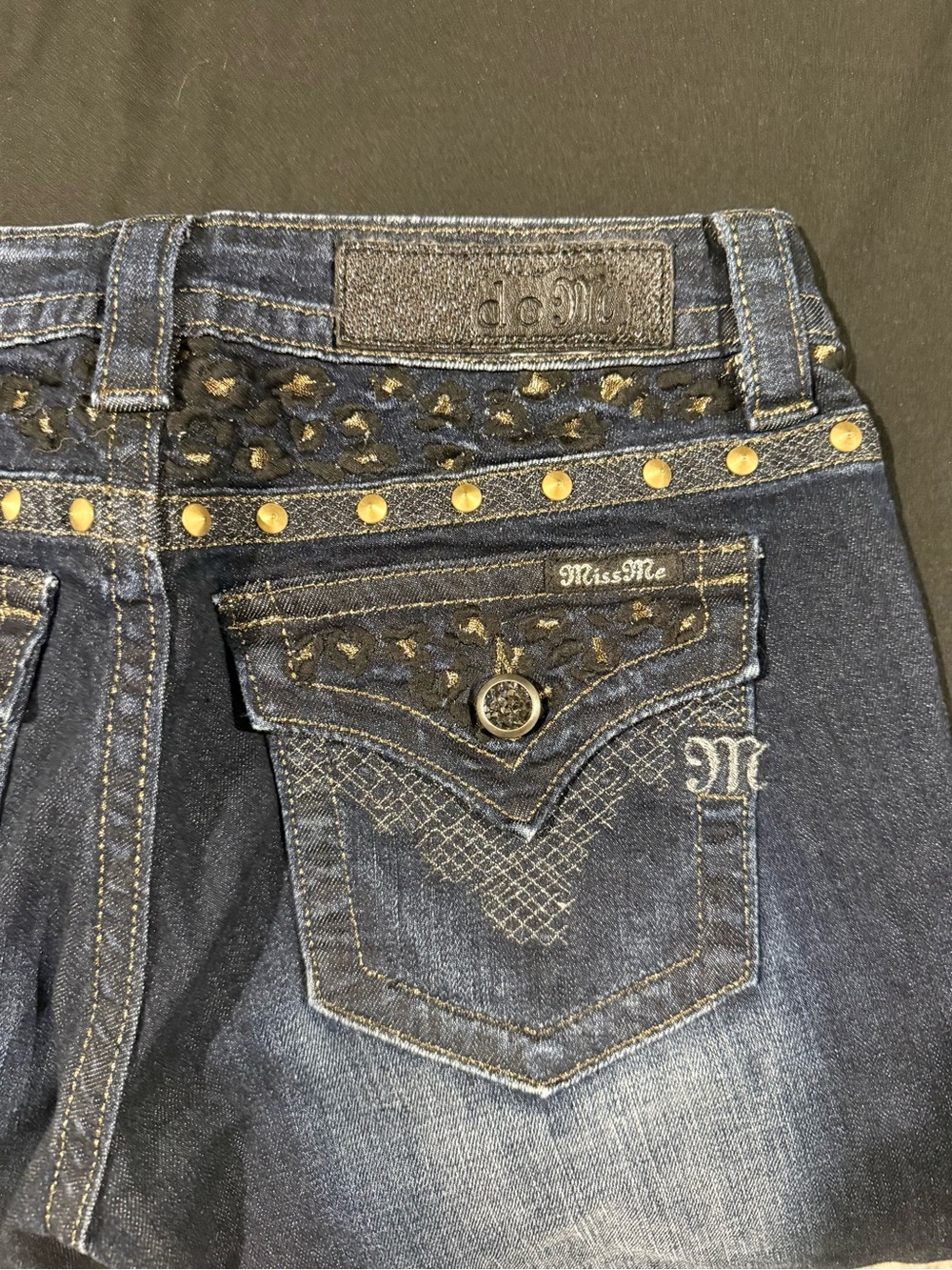 Miss Me Dark Blue Denim Boot Cut Jeans with Gold Stud Accents